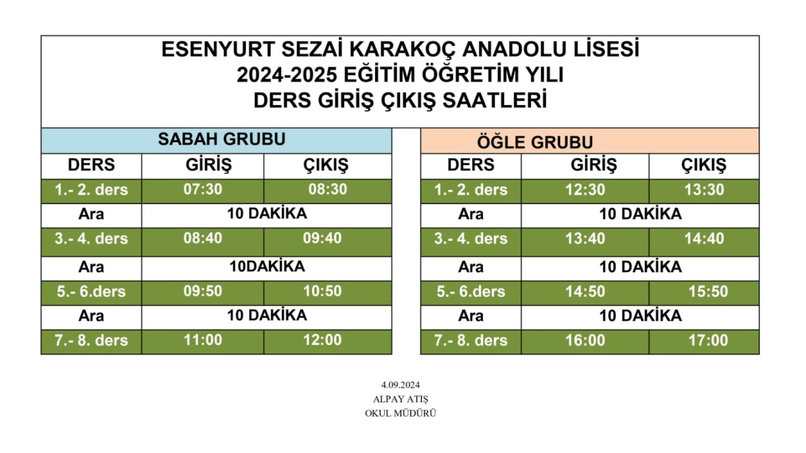 2024-2025 EĞİTİM ÖĞRETİM YILI DERS BAŞLANGIÇ-BİTİŞ SAATLERİ